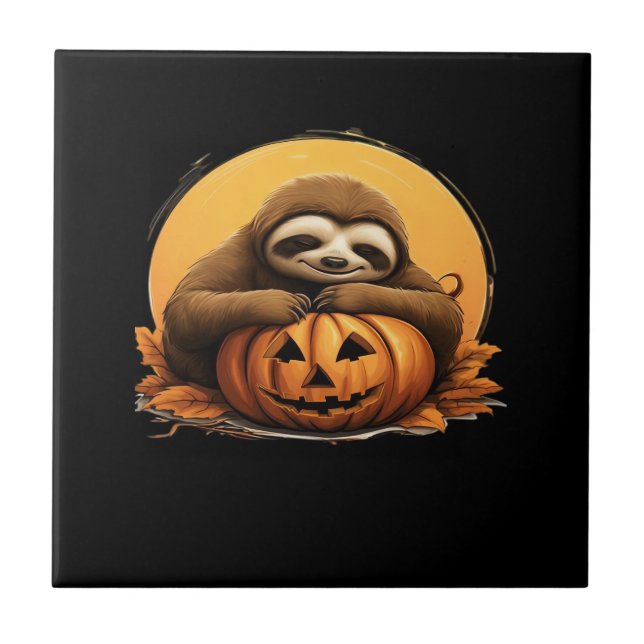Sleeping Sloth and Halloween Pumpkin Classic T-Shi Tile (Front)