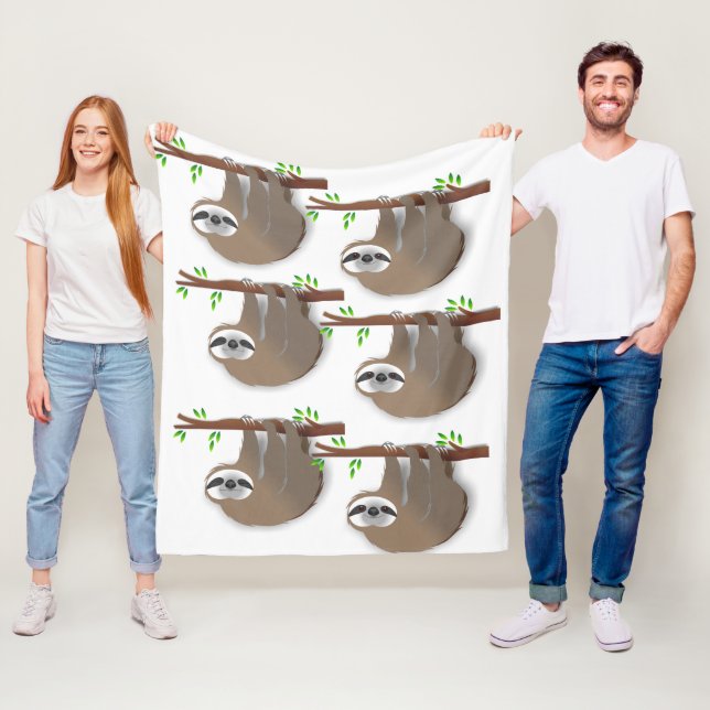 Sleeping Sloth and Wide Awake Brown Hanging Sloths Fleece Blanket (In Situ)