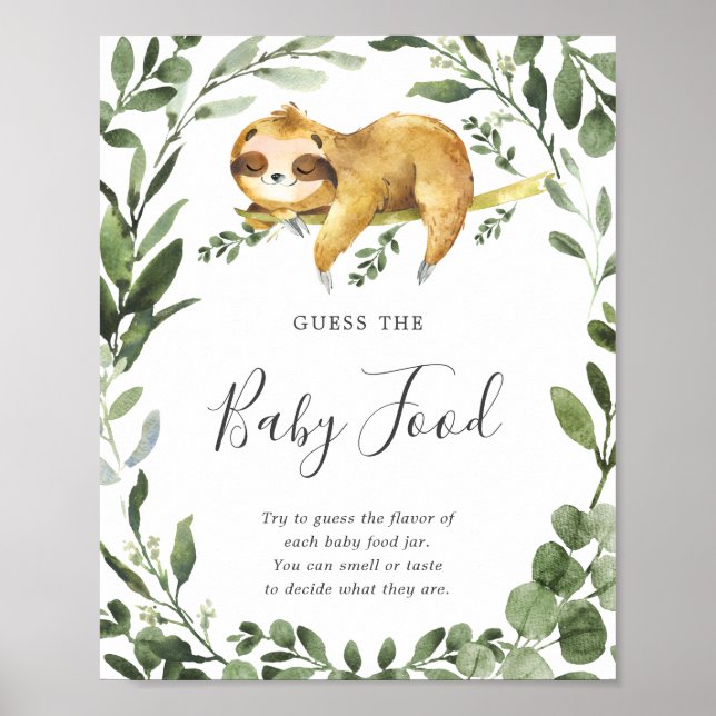 Sleeping Sloth Baby Shower Guess The Baby Food Poster (Front)
