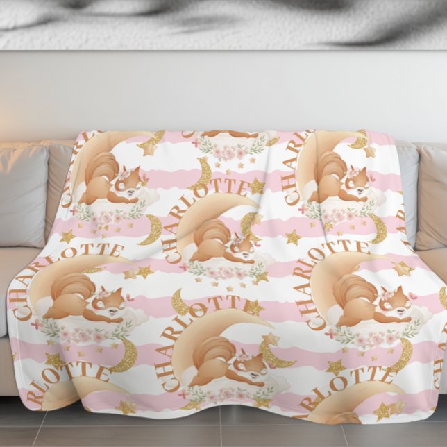 Sleeping Squirrel on Clouds Gold Moon & Stars Name Fleece Blanket (Sleeping Squirrel on Clouds Gold Moon & Stars Name Fleece Blanket)