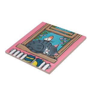 Sleeping Tabby Cat with Butterfly on Window Sill Tile