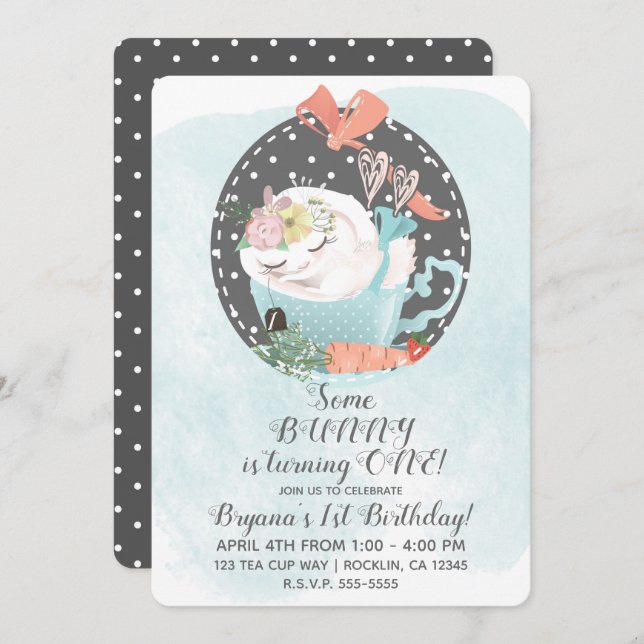 Sleeping Tea Cup Bunny Rabbit Birthday Party Invitation (Front/Back)