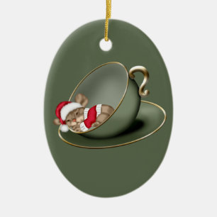 Sleeping Tea Cup Mouse 2 Sided Ceramic Tree Decoration