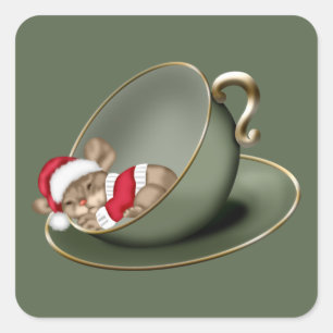 Sleeping Tea Cup Mouse Square Sticker