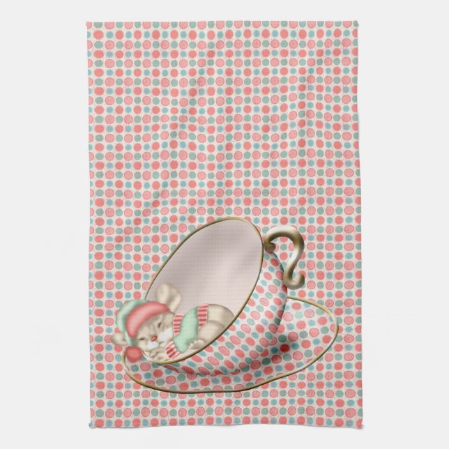 Sleeping Tea Cup Mouse Tea Towel (Vertical)