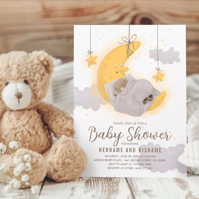 Sleeping Teddy Bear Moon Stars Neutral Baby Shower Invitation (Creator Uploaded)