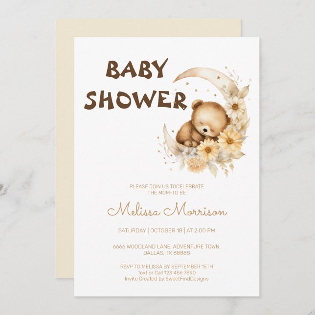 Sleeping Teddy Bear on Moon Baby Shower Invitation (Front/Back)
