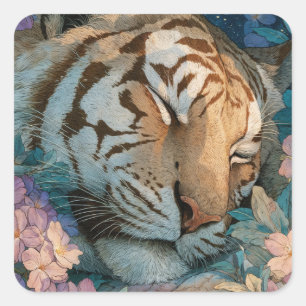 Sleeping Tiger in Pink and Purple Floral Garden Square Sticker