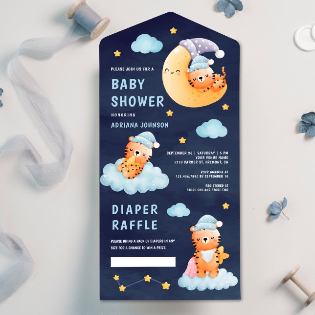 Sleeping Tiger on Moon Navy Blue Baby Shower All In One Invitation (Creator Uploaded)