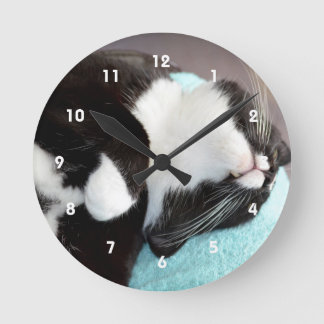 sleeping tuxedo cat chin view kitty image round clock