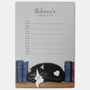 Sleeping Tuxedo Cat on Bookshelf Things To Do List Post-it Notes
