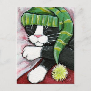 Sleeping Tuxedo Cat with Nightcap Art Postcard
