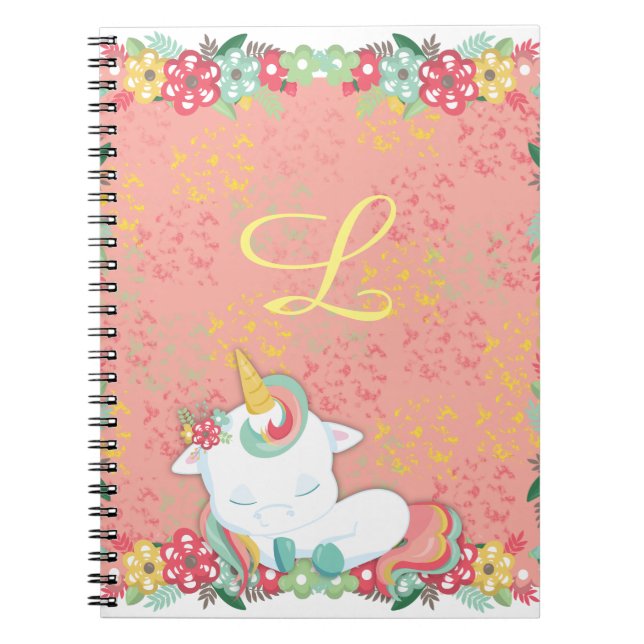 Sleeping Unicorn Floral Monogram Spiral Notebook (Front)