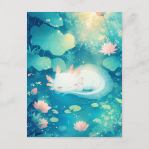 Sleeping White Axolotl in Sunny Lotus Pond Postcard