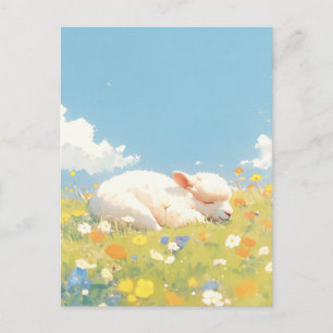 Sleeping White Baby Alpaca in Wildflower Meadow Postcard