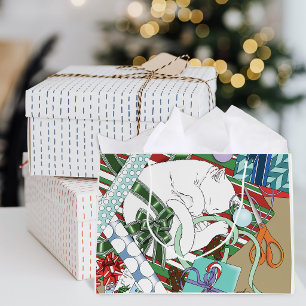 Sleeping White Cat Christmas Wrapping Paper Large Gift Bag