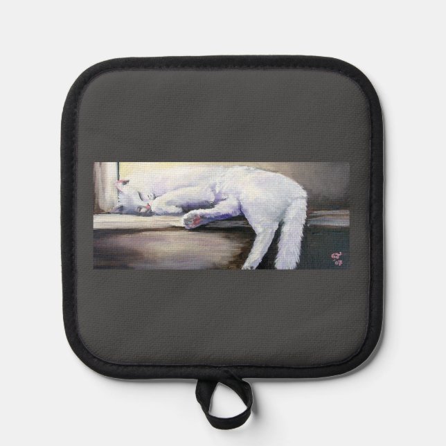 Sleeping white cat oven mitts & Pot Holders (Front)