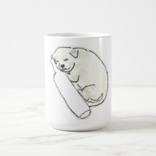 Sleeping White Puppy Resting On Glass Bottle Coffee Mug