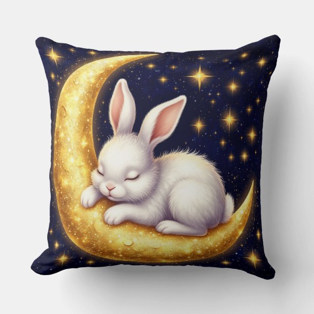 Sleeping White Rabbit On Golden Crescent Moon Cushion (Front)