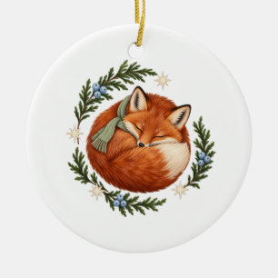 Sleeping Winter Fox with Evergreen Wreath Ceramic Tree Decoration