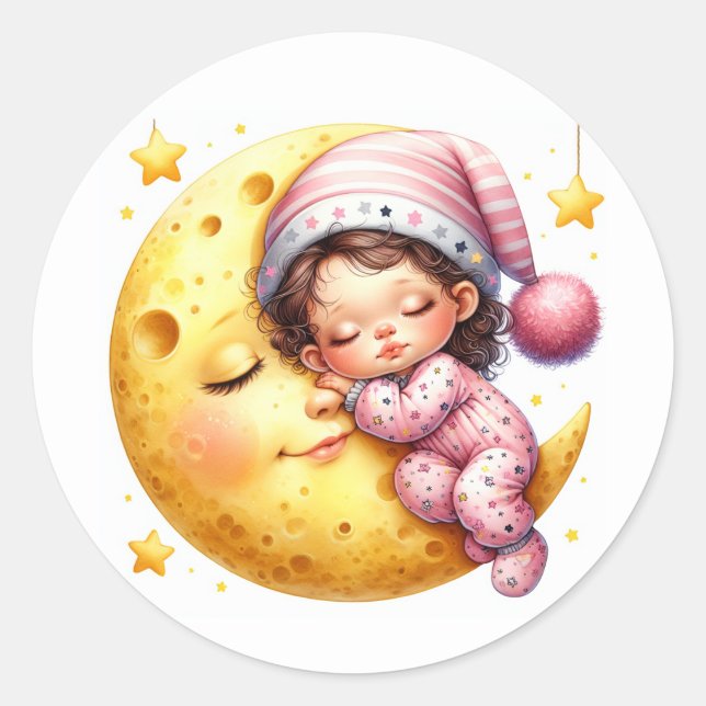 Sleeping with the Moon Girl's Baby Shower Classic Round Sticker (Front)