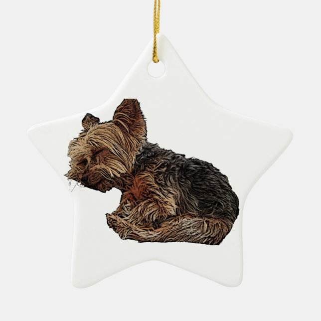 Sleeping Yorkie Ceramic Tree Decoration (Front)