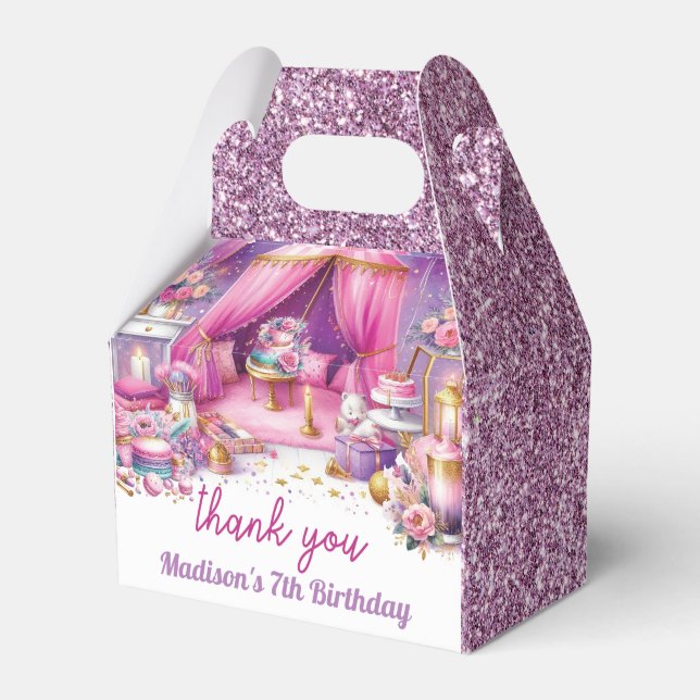 Sleepover Girl Birthday Custom Pink Purple Gold Favour Box (Front Side)
