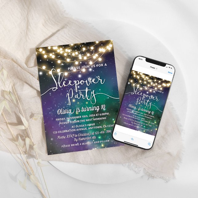 Sleepover Party Galaxy Blue Purple Stars Birthday Invitation (Creator Uploaded)