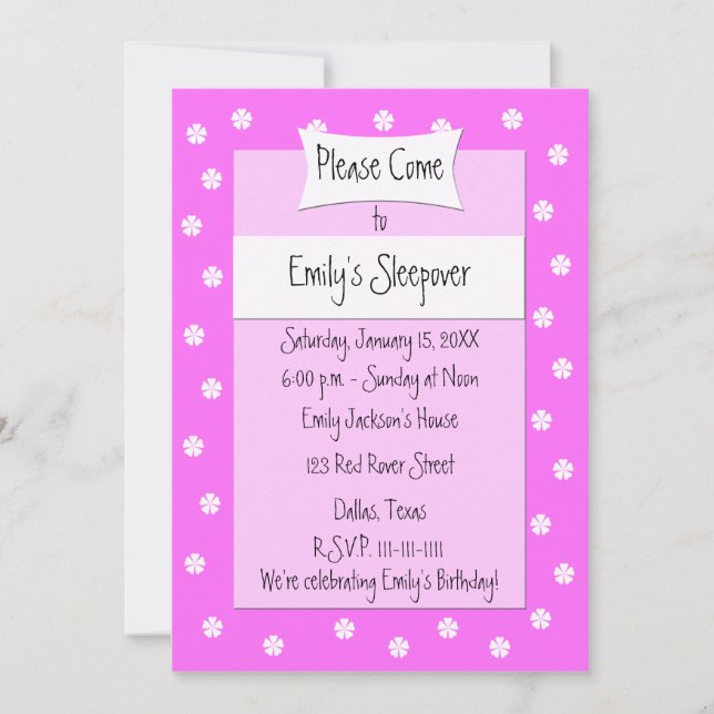 Sleepover Party Invitation Cute Pink Bed (Front)