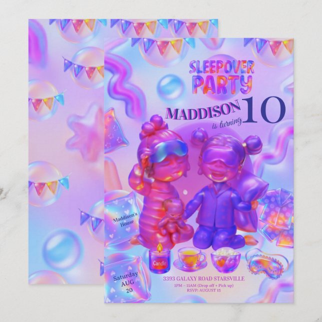 Sleepover Party Invitation | Girl Pajama Birthday (Front/Back)