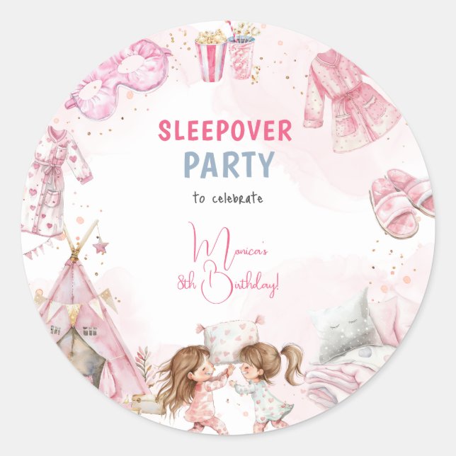 Sleepover pyjama kids birthday party classic round sticker (Front)