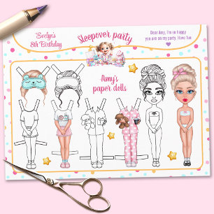 Sleepover Slumber Party Game Paper Doll Cutout Invitation