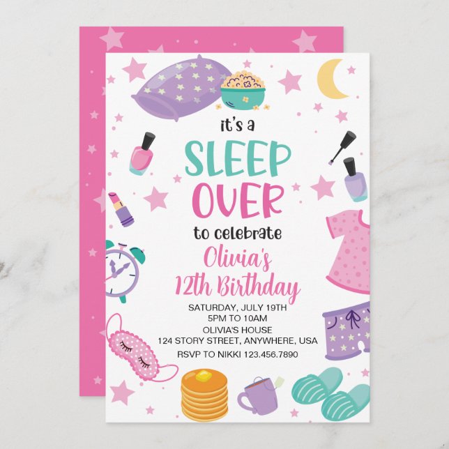 Sleepover slumber party pink purple tween invitation (Front/Back)