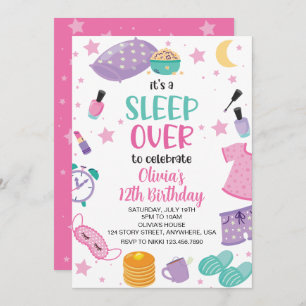 Sleepover slumber party pink purple tween invitation