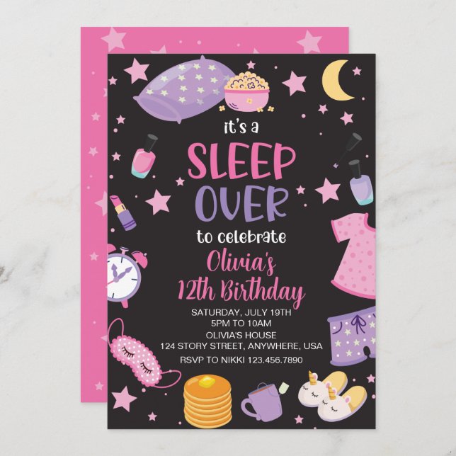 Sleepover slumber party pink purple tween invitation (Front/Back)