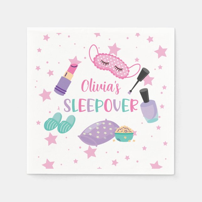 Sleepover slumber party pink purple tween napkin (Front)