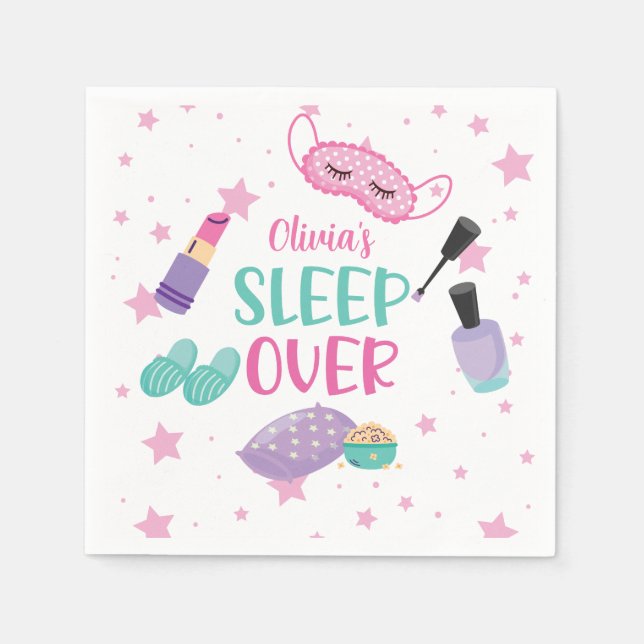 Sleepover slumber party pink purple tween napkin (Front)