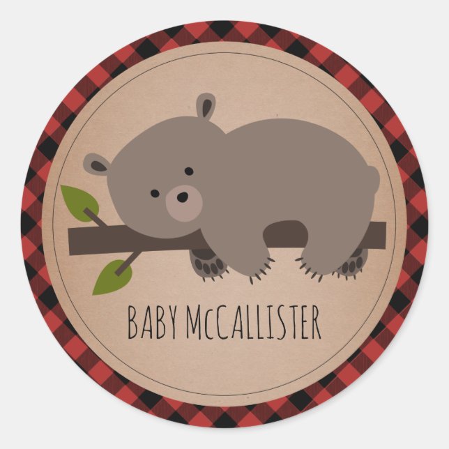 Sleepy Baby Bear Cub Plaid Baby Shower Classic Round Sticker (Front)
