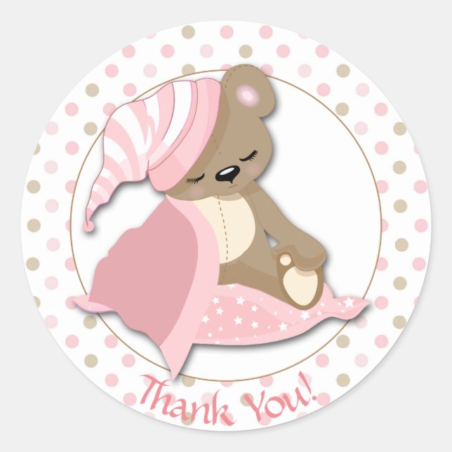 Sleepy Baby Bear Girl Shower Thank You Classic Round Sticker (Front)