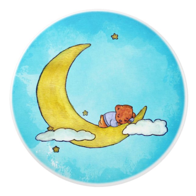 Sleepy Baby Boy Bear on Moon Ceramic Knob (Front)
