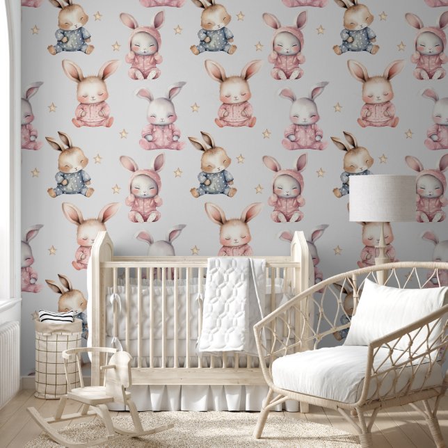 Sleepy Baby Bunny Rabbits Nursery Room Wallpaper (Kids)