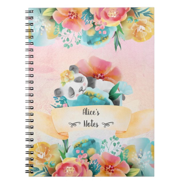 Sleepy Baby Panda Dreamy Floral Girl Daily Diary Notebook (Front)
