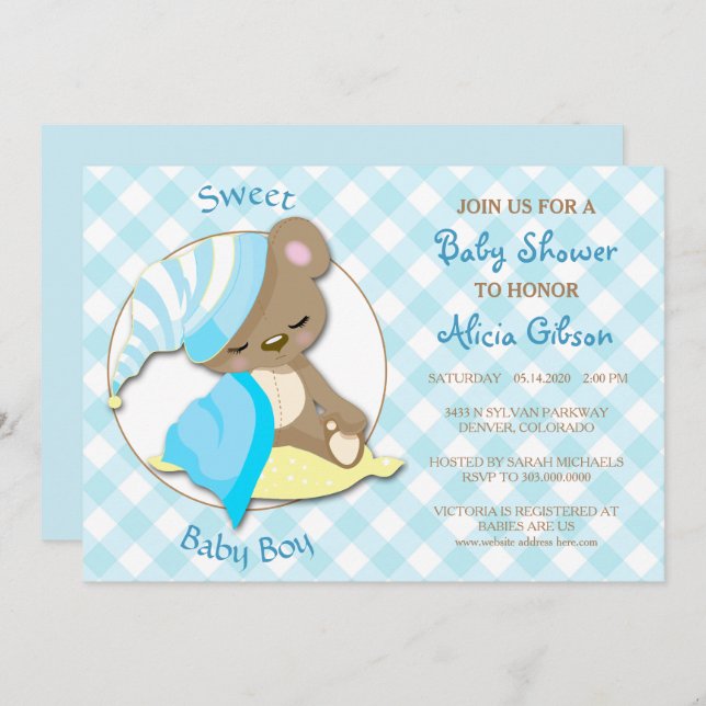 Sleepy Bear Baby Boy Shower Invitation (Front/Back)