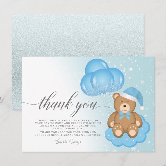 Sleepy Bear Balloon Boy Baby Shower Thank You Card (Front/Back)