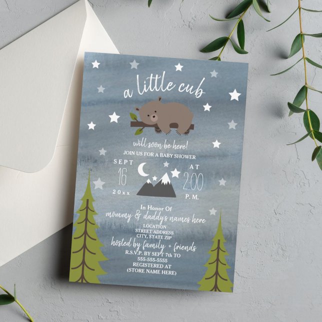 Sleepy Bear Cub  Mountains Watercolor Baby Shower Invitation (Creator Uploaded)
