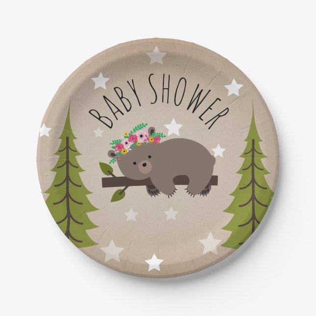 Sleepy Bear Stars + Trees floral Baby Shower Paper Plate (Front)