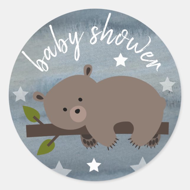 Sleepy Bear Stars Watercolor Baby Shower Classic Round Sticker (Front)