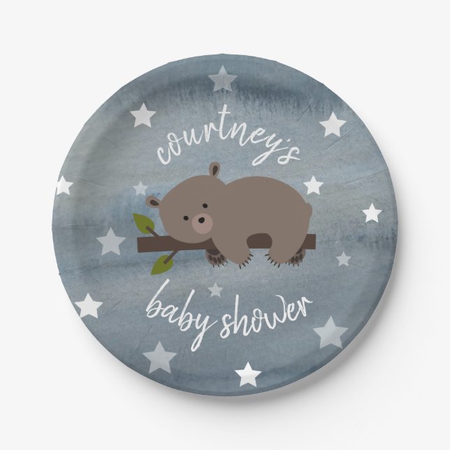 Sleepy Bear Stars Watercolor Baby Shower Paper Plate (Front)