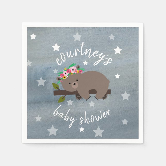 Sleepy Bear Stars + Watercolor Floral Baby Shower Napkin (Front)