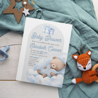 Sleepy Bear Watercolor Baby Boy Shower Invitation